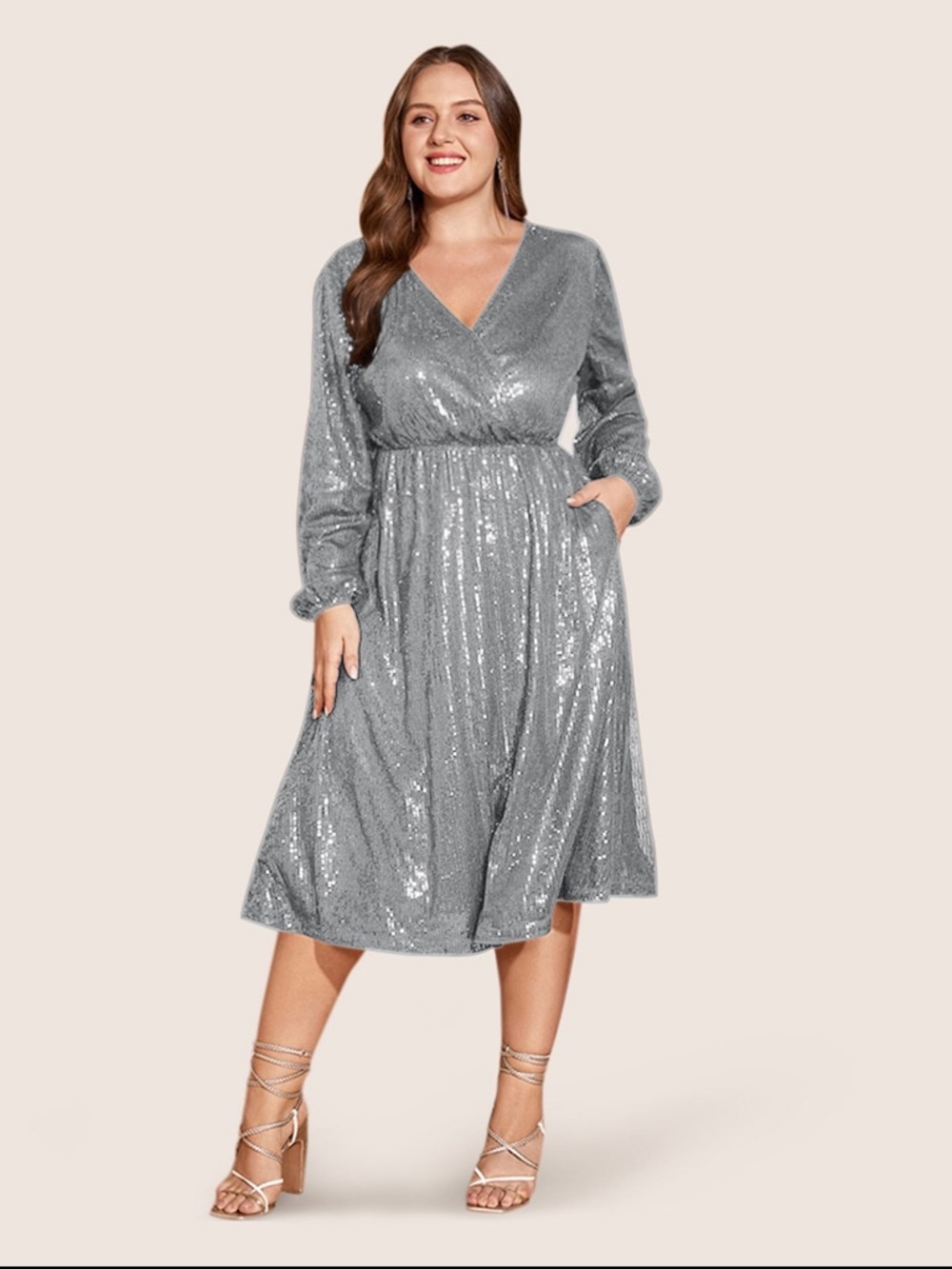 BloomChic Silver Sequin V-Neck Midi Dress with Long Sleeves - Picture 2 of 8